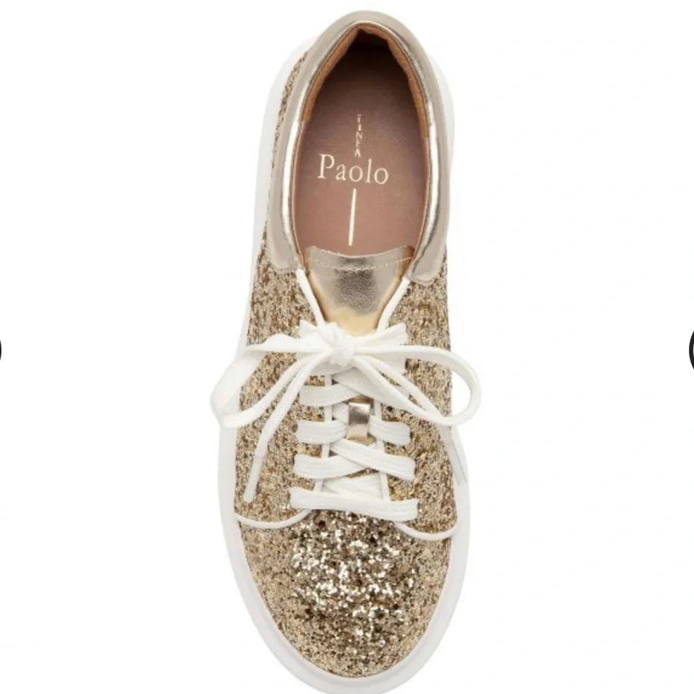 Línea Paola Kelsey Playful Lace-Up Platform Tennis Shoes PU Gold Glitter - Picture 3 of 16